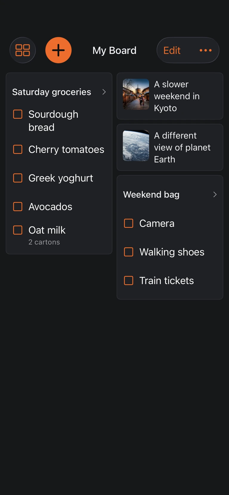 Upcoming MarkSave My Board with separate grocery and packing lists beside individual travel and space saves