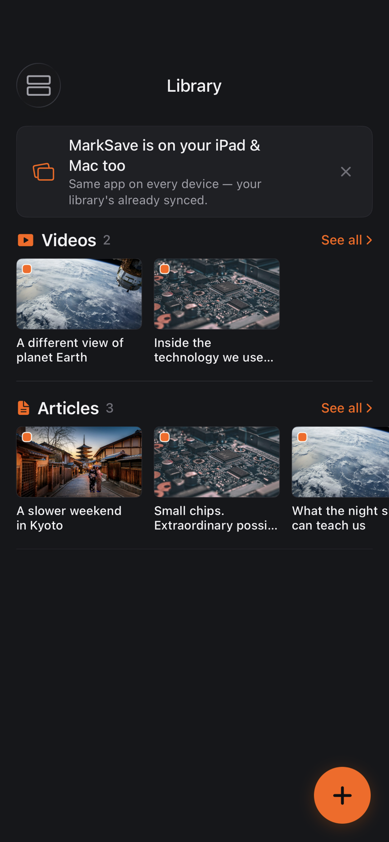 MarkSave library with video and article shelves showing space, technology and travel examples
