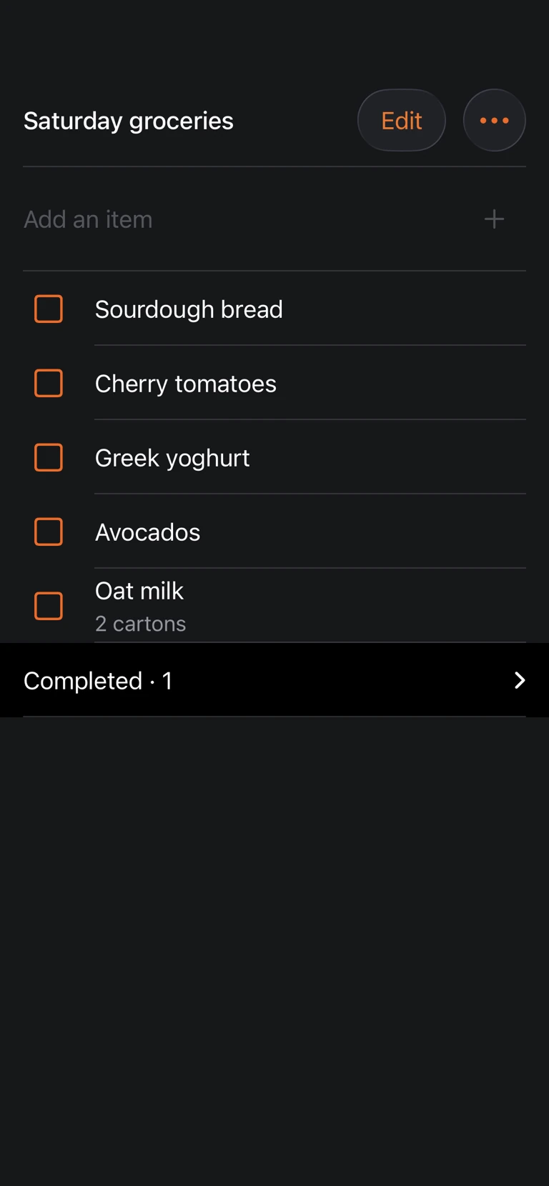 Upcoming MarkSave shopping list showing groceries, quantities and a separate Completed section
