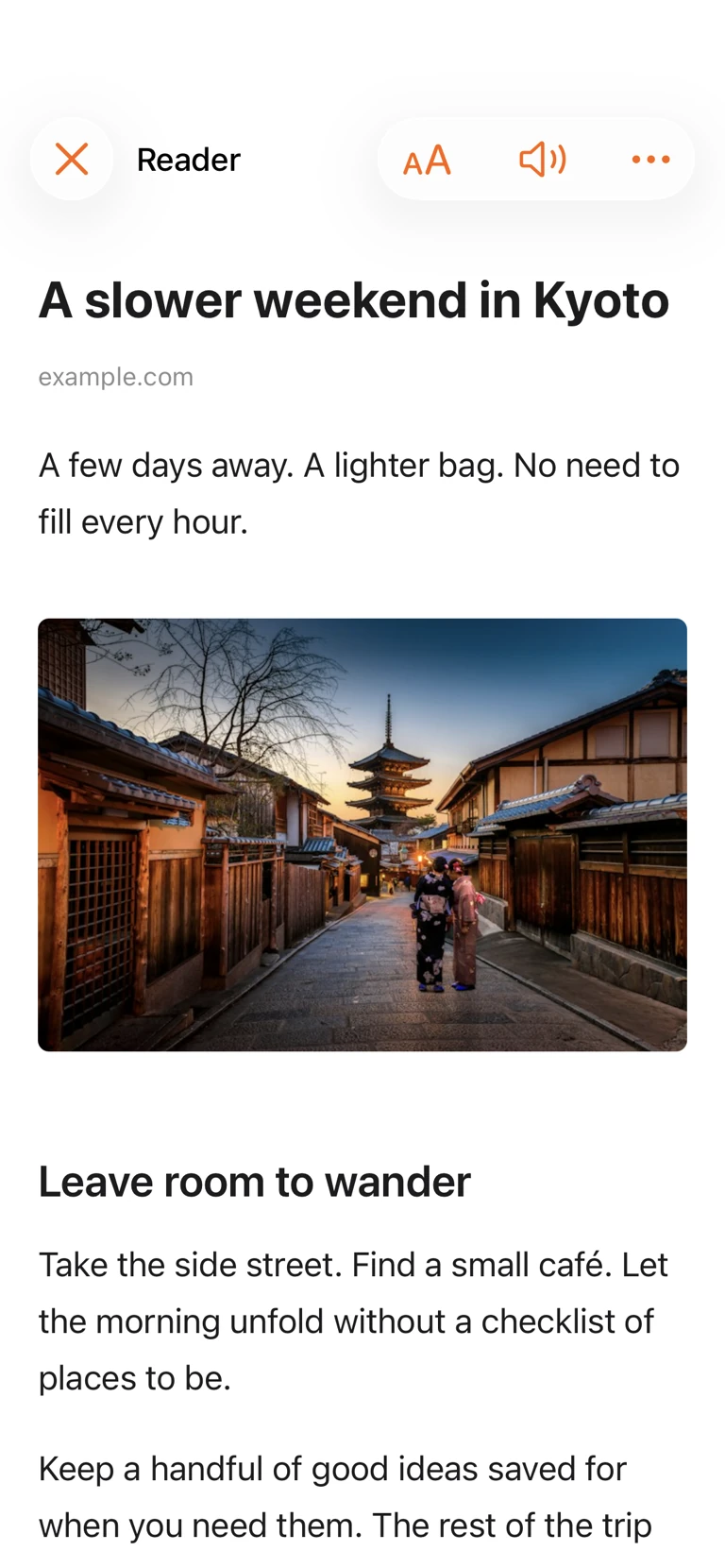 MarkSave Reader displaying a sample Kyoto travel article with a photograph, readable text and appearance controls